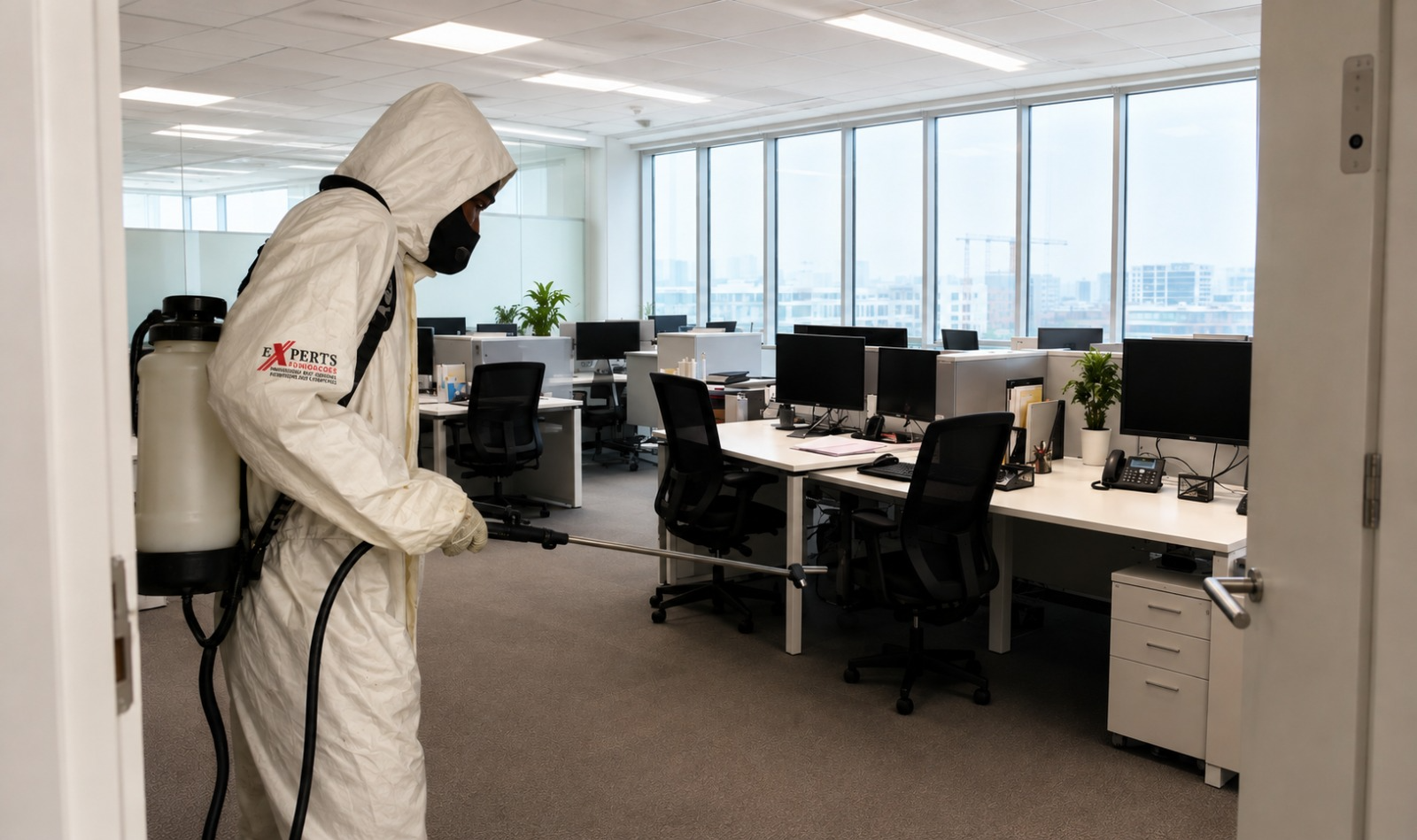 Técnico da Experts Fumigações a realizar desinfecção num escritório